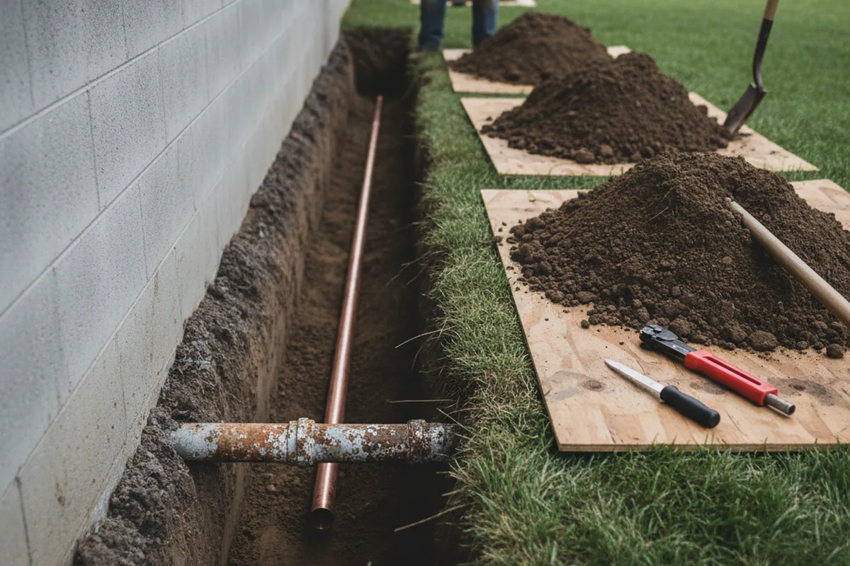 Excavated water line trench during Water Heater Repair in Presque Isle